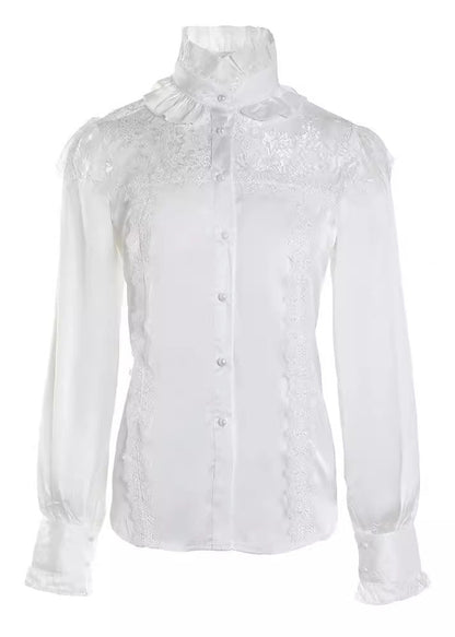 French White Ruffled Lace Tulle Patchwork Chiffon Tops Spring
