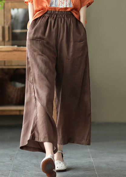 Chocolate Elastic Waist Pockets Linen Wide Leg Pants Summer