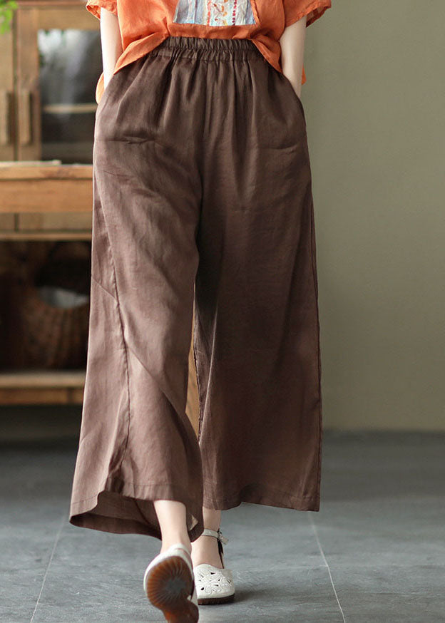 Chocolate Elastic Waist Pockets Linen Wide Leg Pants Summer
