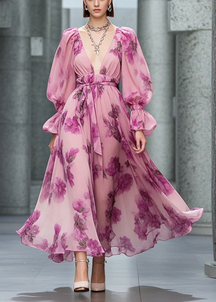Diy Pink Deep-v Neck Print Chiffon Vacation Dresses Fall