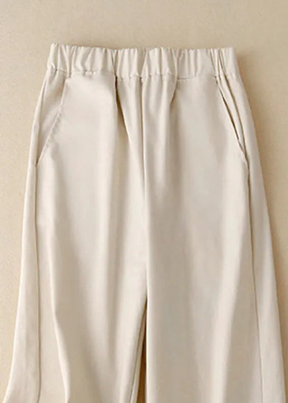 Khaki Pockets Elastic Waist Linen Crop Pants Summer