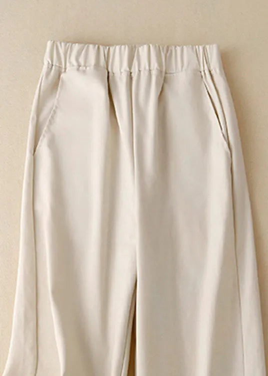 Khaki Pockets Elastic Waist Linen Crop Pants Summer