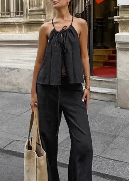 Original Design Black Lace Up Tops and Pants Two Pieces Set Summer