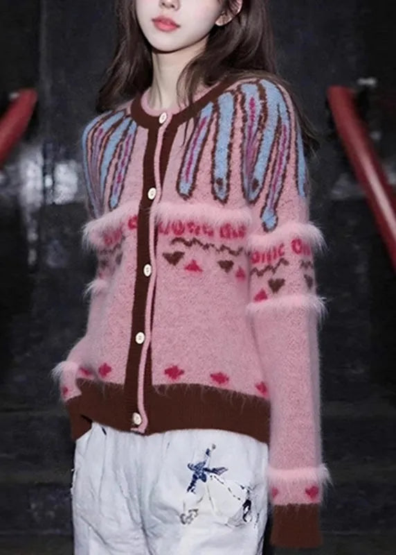 Jacquard Pink O-neck Button Cotton Knit Cardigan Fall