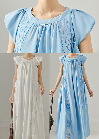 French White Embroidered Patchwork Cotton Maxi Dresses Summer