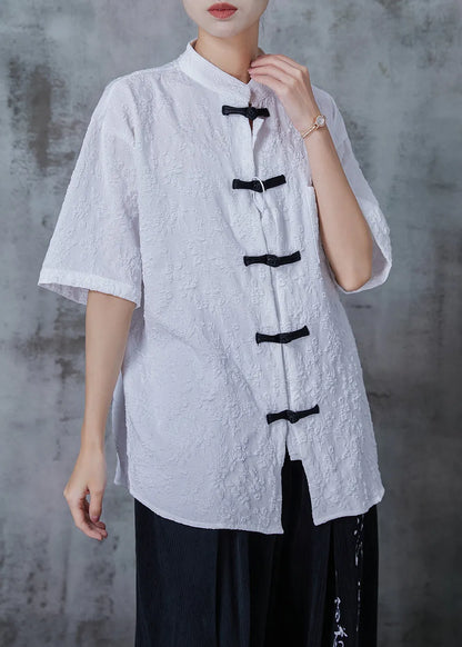 White Jacquard Chinese Button Cotton Shirts Summer