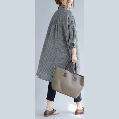 Stylish Black Plaid Cozy Cotton T Shirt Oversize Turn-down Collar Cotton Blouses Fine Long Sleeve Tops