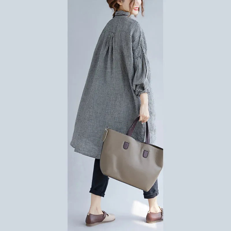 Stylish Black Plaid Cozy Cotton T Shirt Oversize Turn-down Collar Cotton Blouses Fine Long Sleeve Tops