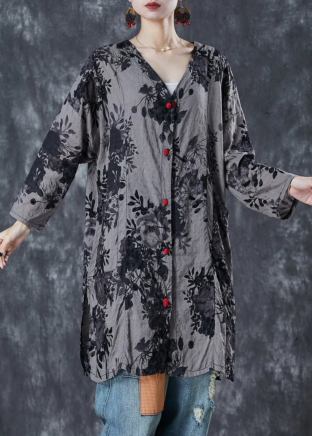 Diy Grey Oversized Print Cotton Long Shirt Summer