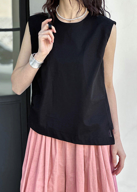 Black Cozy Linen Tops O Neck Summer