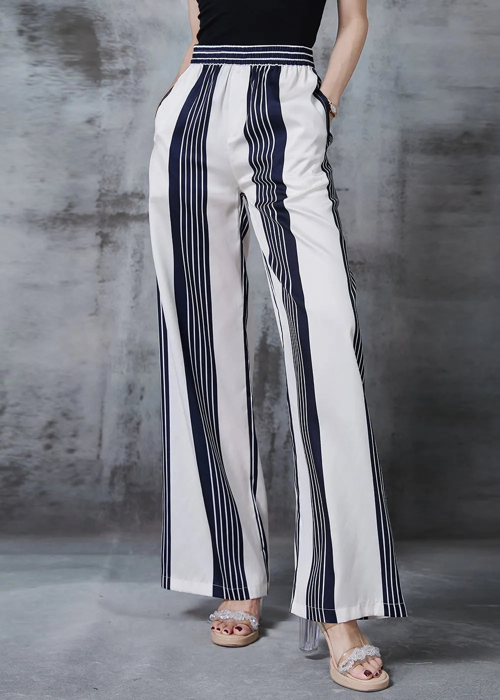 White Striped Chiffon Straight Pants Spring