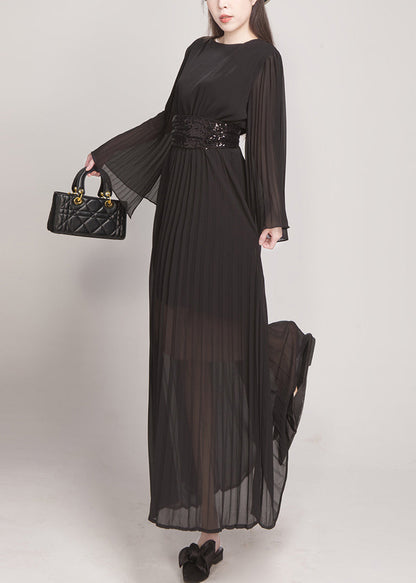 Rose Wrinkled Tie Waist Chiffon Maxi Dresses Flare Sleeve