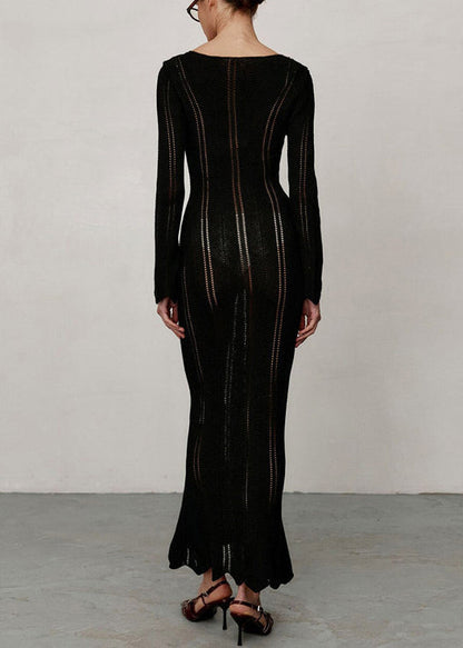 Black High Waist Knit Long Dresses V Neck Spring
