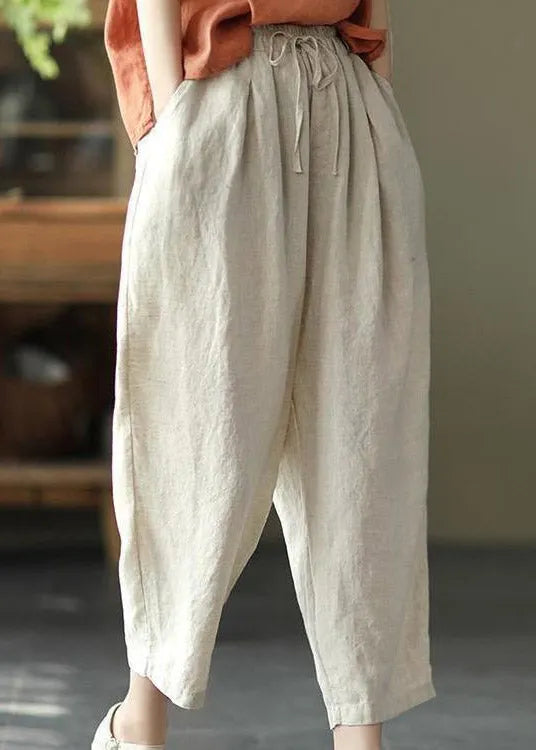 Linen Colour Drawstring Pockets Elastic Waist Linen Crop Pants Summer