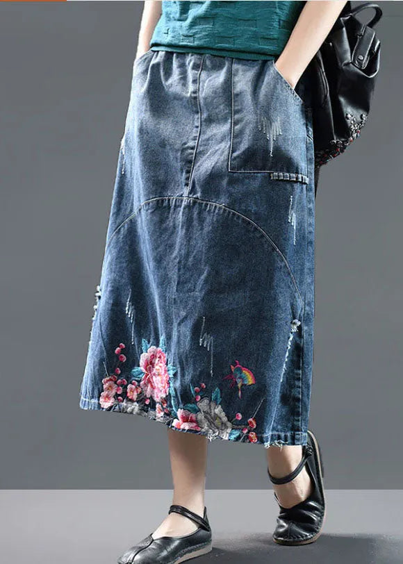 Diy Blue High Waist Embroidered Patchwork Cotton Denim Skirts Summer