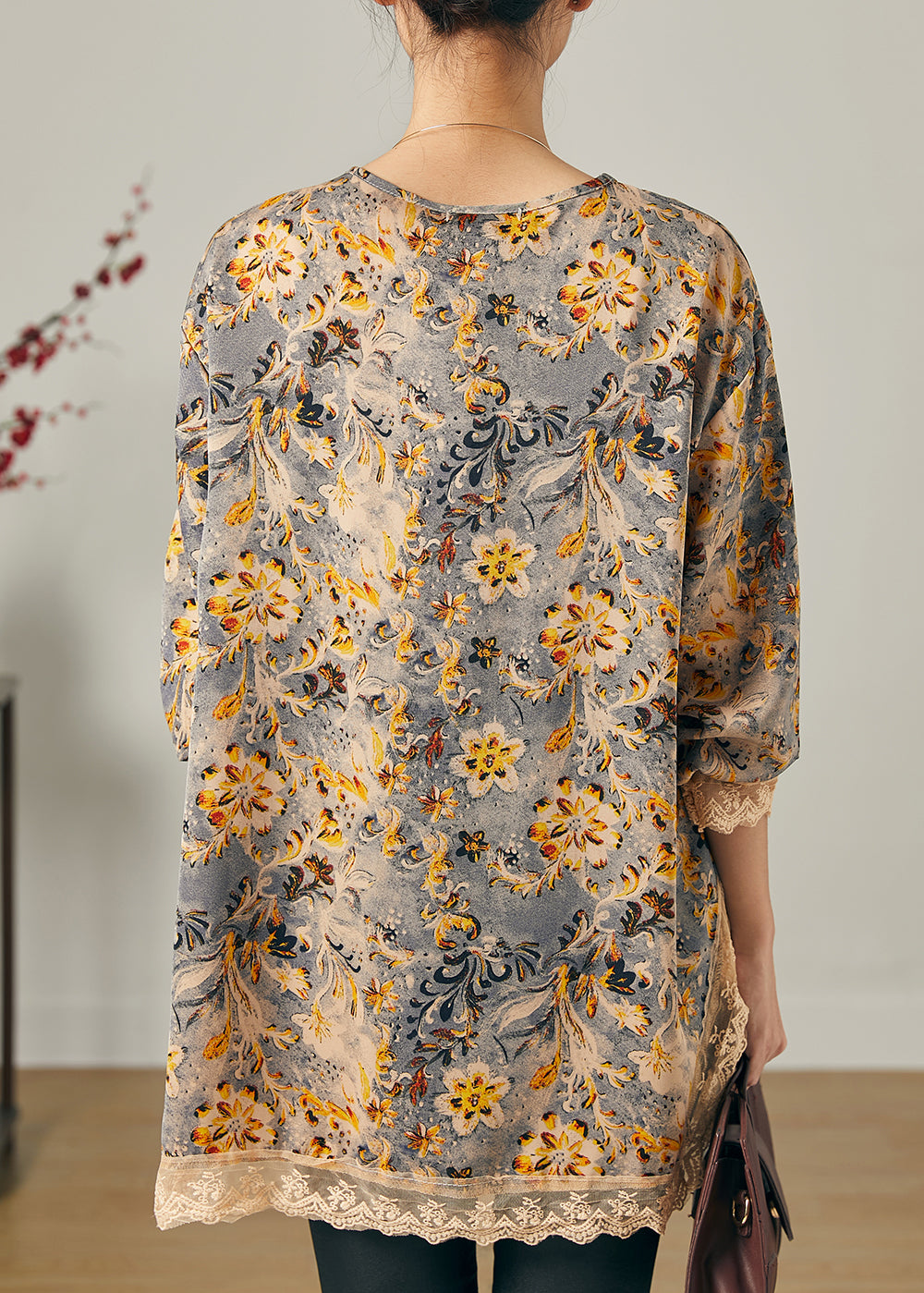 Khaki Oversized Patchwork Chiffon Shirts Spring