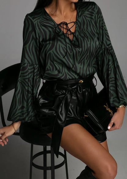 Stylish White Zebra Pattern Lace Up Cotton Shirt Spring