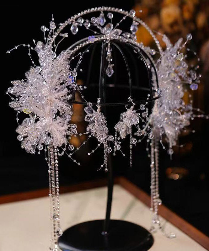 White Alloy Crystal Tassel Crown and Drop Earrings Two-piece Set