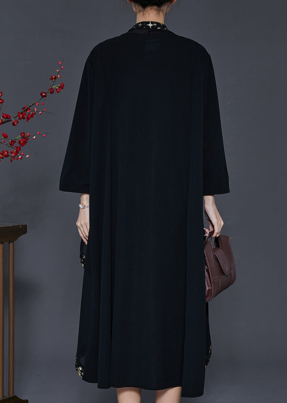 Black Ruffled Patchwork Chiffon Maxi Dresses Spring