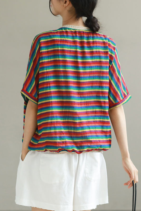 Summer Cotton T-shirt Short Sleeve Striped Tops