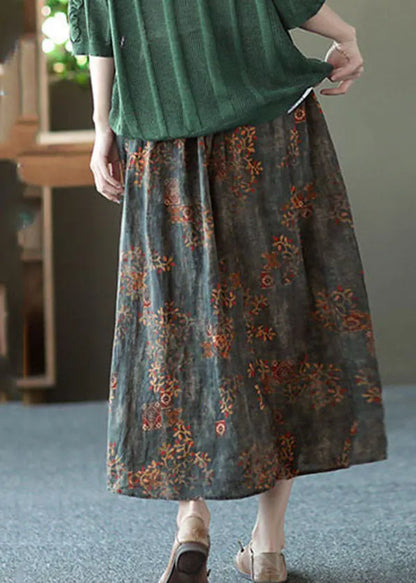 Navy Loose Linen a Line Skirt Sashes Elastic Waist Summer