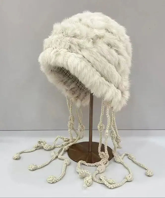 White Tassel Rabbit Wool Knit Bonnie Hat