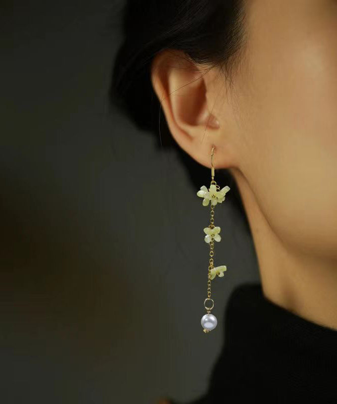 Gold Sterling Silver Overgild Pearl Coloured Glaze Tassel Drop Earrings