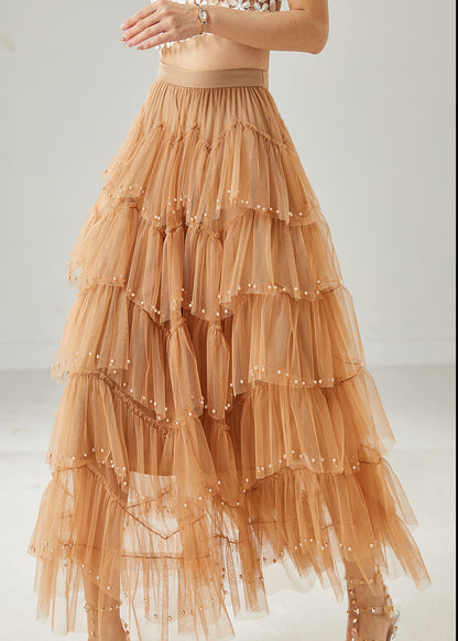 Khaki Nail Bead Tulle Vacation Skirts Summer