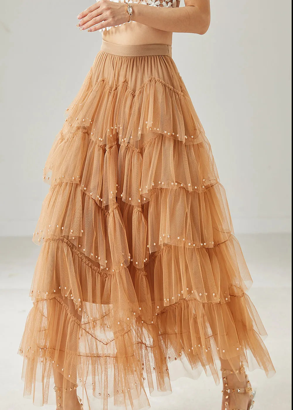Khaki Nail Bead Tulle Vacation Skirts Summer