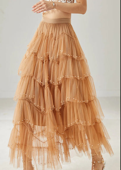 Khaki Nail Bead Tulle Vacation Skirts Summer