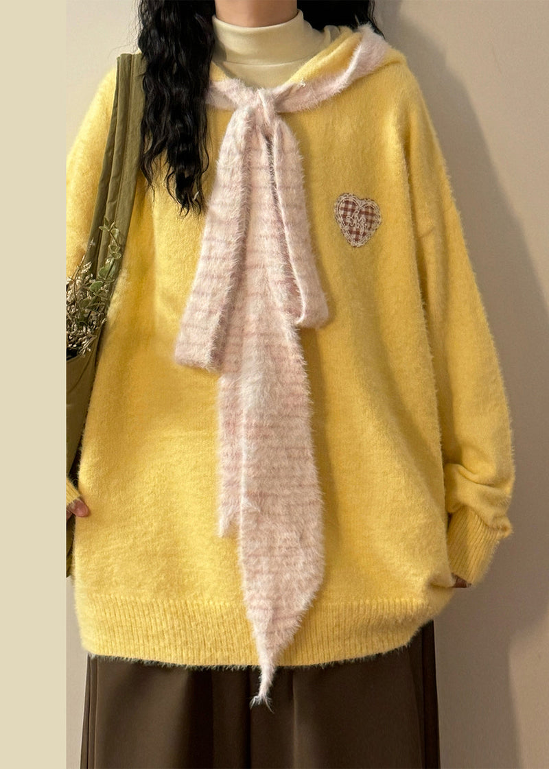 Yellow Hooded Lace Up Patchwork Knit Sweater Spring