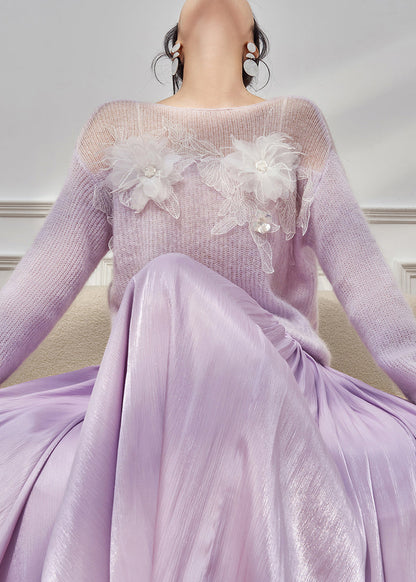 Italian Purple Hollow Out Patchwork Knit Sweater Spring