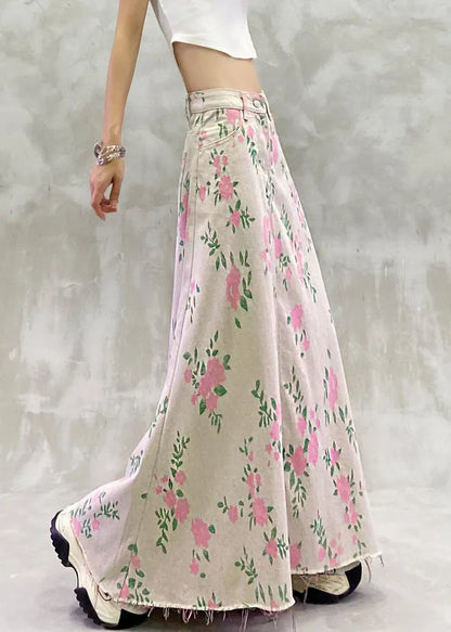 Print Pockets High Waist Denim Skirt Summer