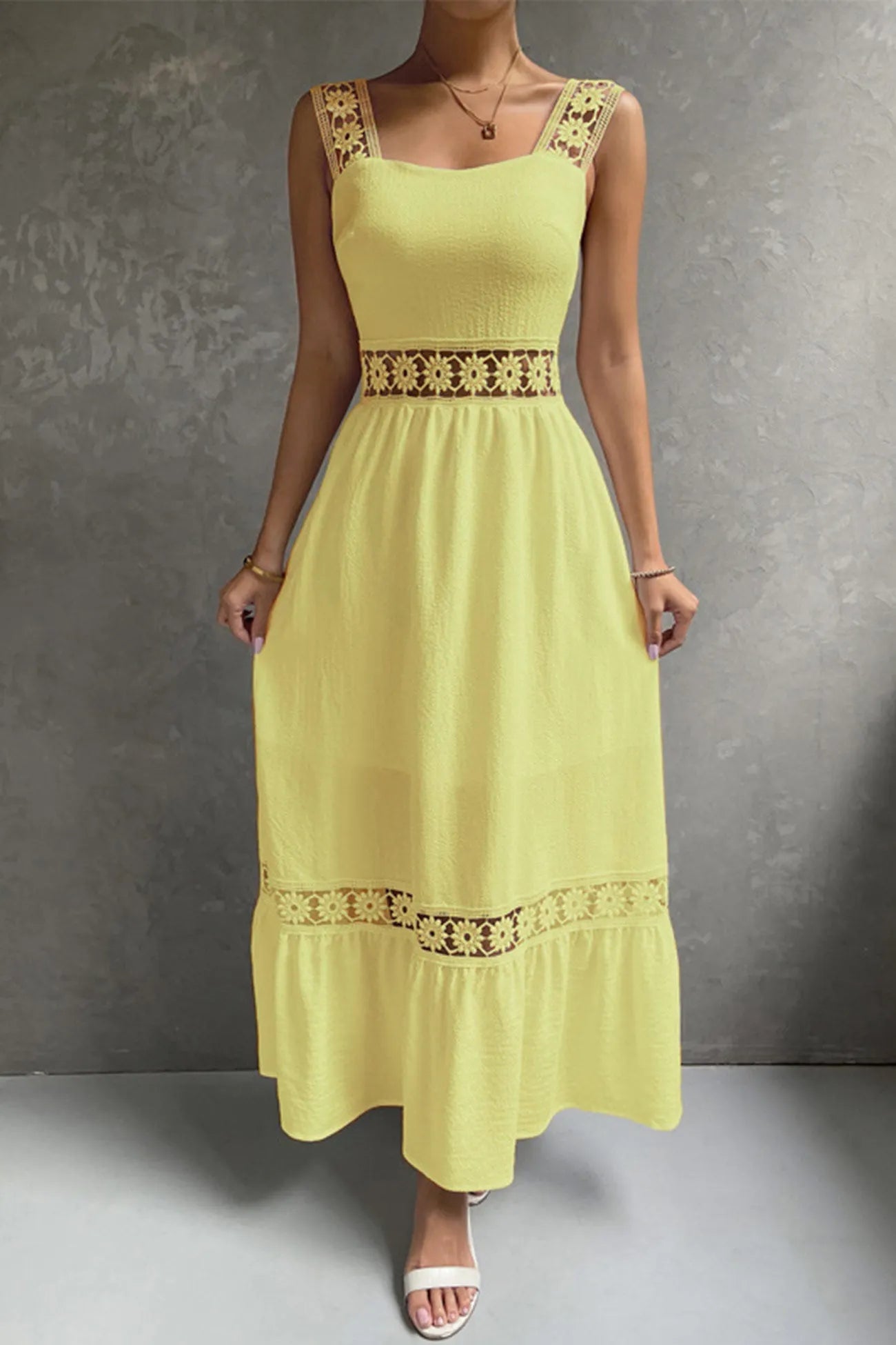 Jacquard Hollow Out Tiered Midi Dress