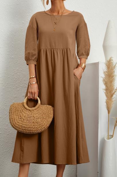 Spring Outfit Lantern Sleeve Loose Cotton and Linen Pocket Dress