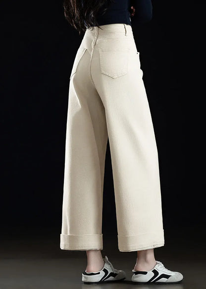 White Oversized Denim Straight Crop Pants Spring