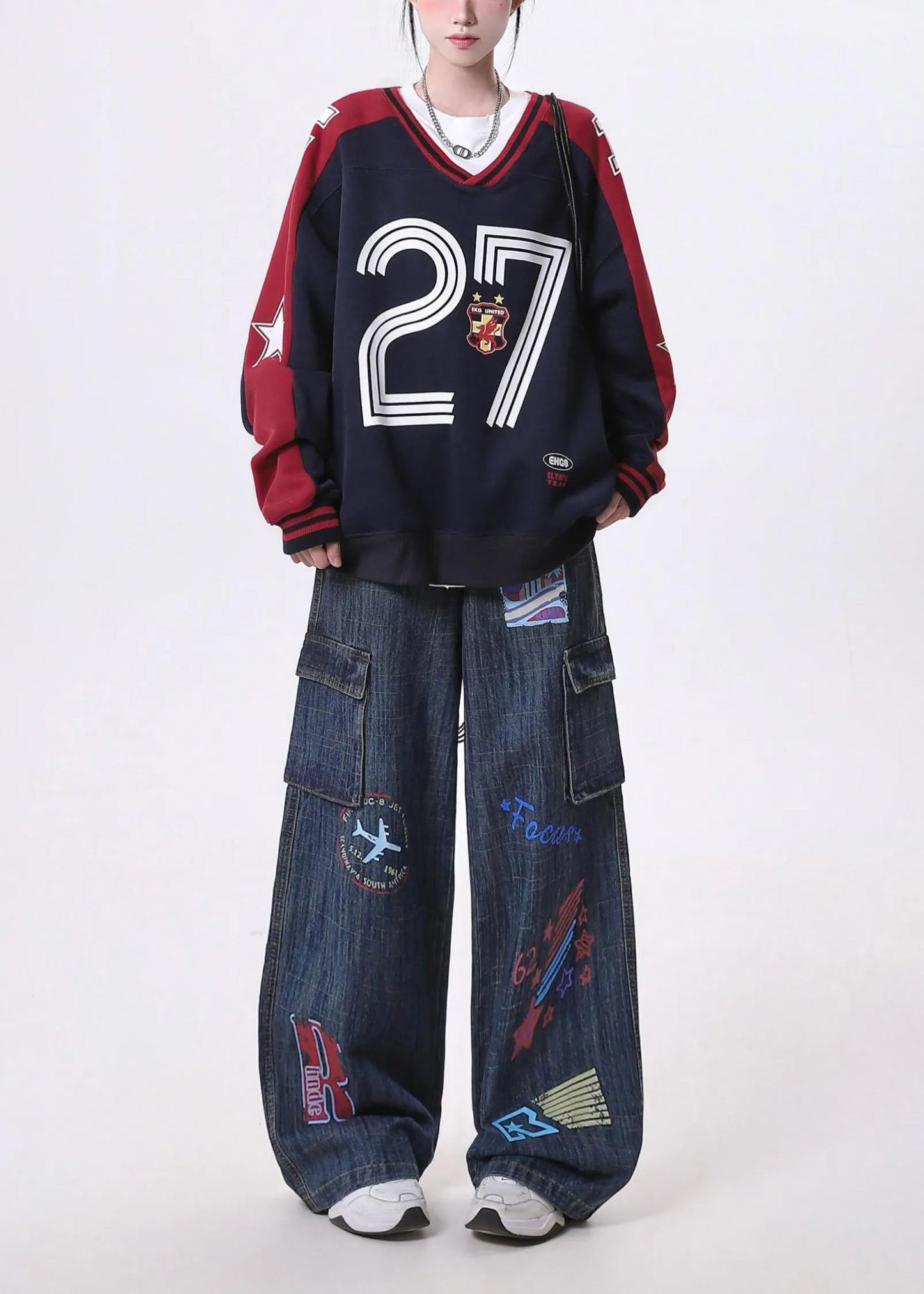 Classy Navy Oversized Print Pockets Denim Pants Spring