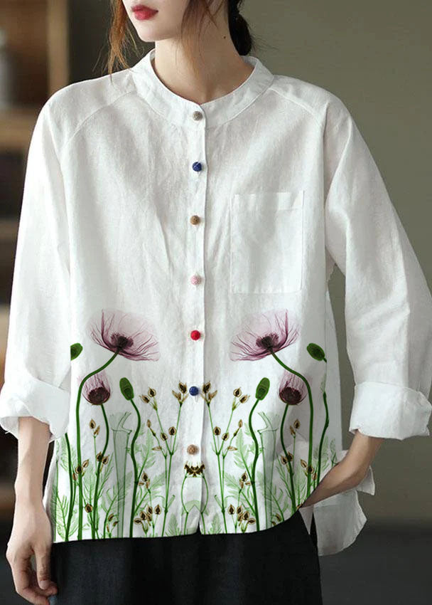 Modern White-purple Flower Loose Patchwork Pockets Fall Long Sleeve Blouse Top