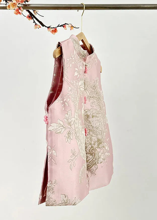Pink Stand Collar Embroidered Nail Bead Side Open Waistcoat Fall