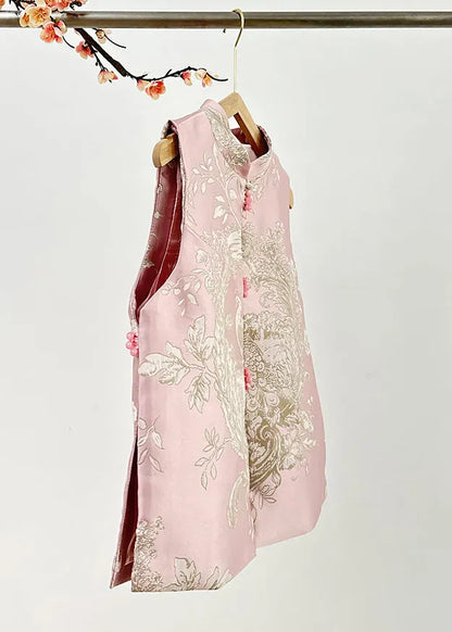Pink Stand Collar Embroidered Nail Bead Side Open Waistcoat Fall