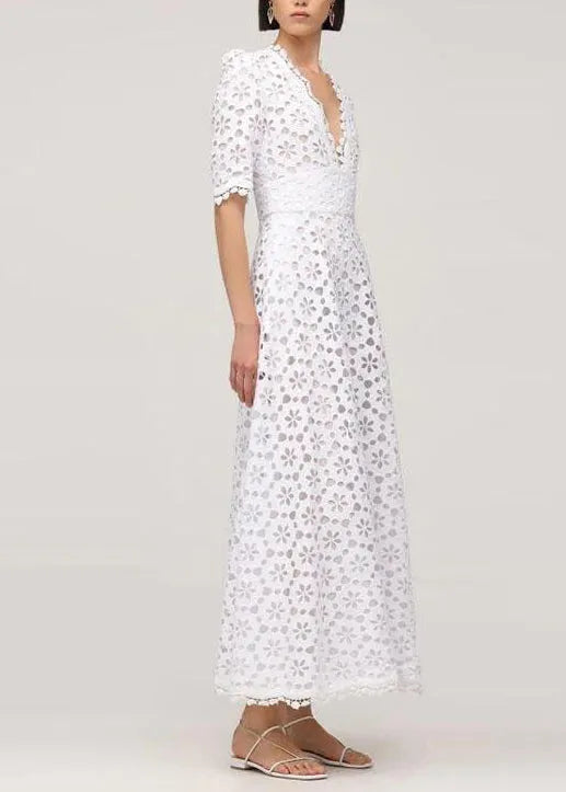French White V Neck Patchwork Lace Long Dress Summer