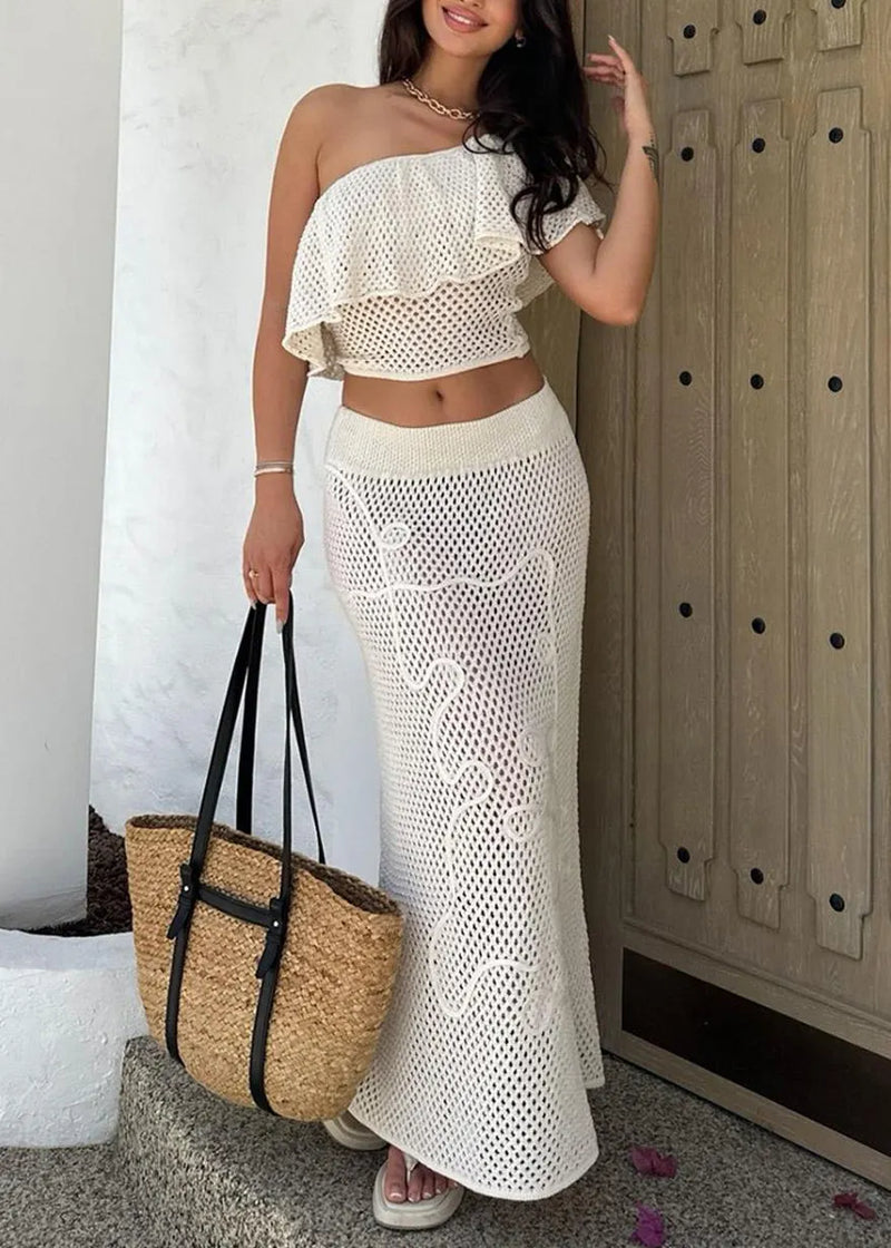 White Cold Shoulder Ruffled Hollow Out Knit Swimsuit Cover Up Set
