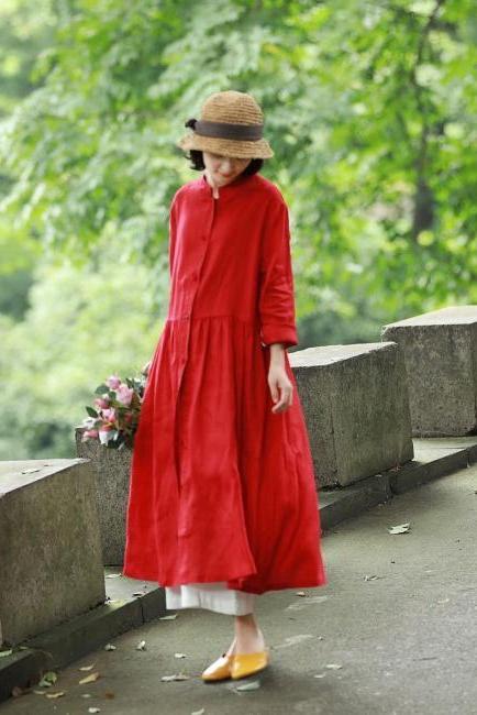 Loose Blue and Red Button Down Linen Maxi Dresses for