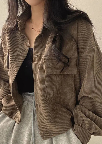 Coffee Peter Pan Collar Pockets Corduroy Short Coat Fall