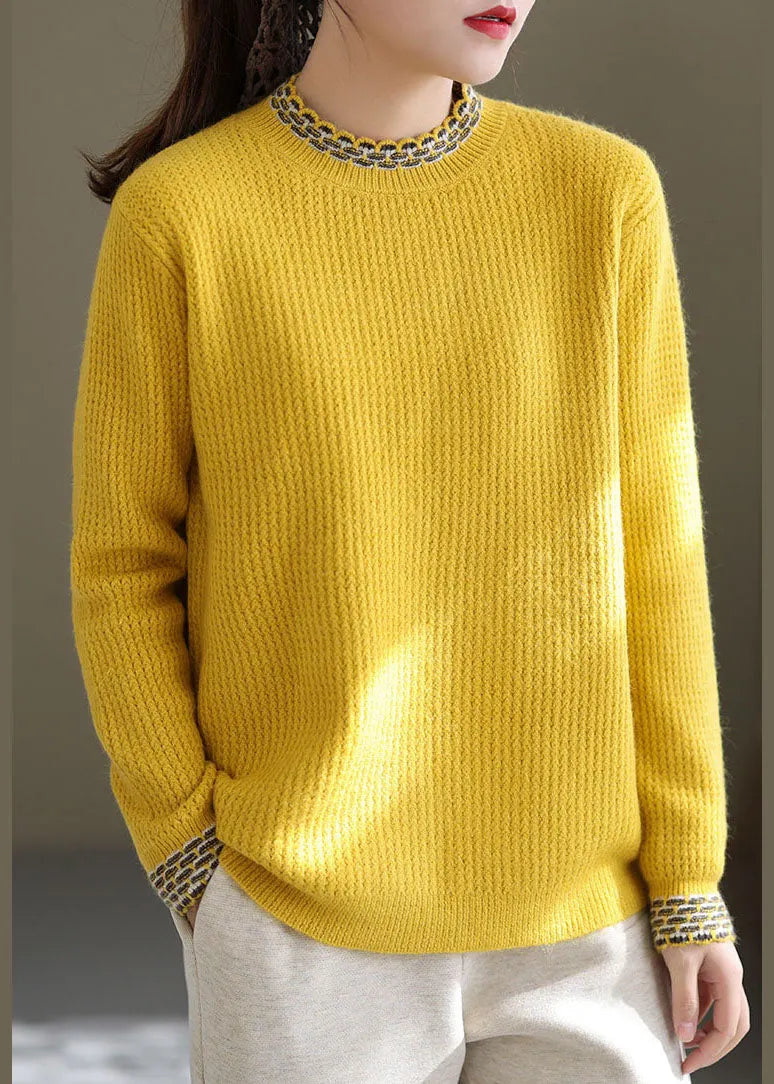 Simple Yellow High Neck Thick Knit Sweater Tops Winter