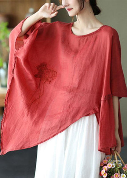 Art Black Phoenix Asymmetrical Design Embroidered Summer Ramie Shirt Tops