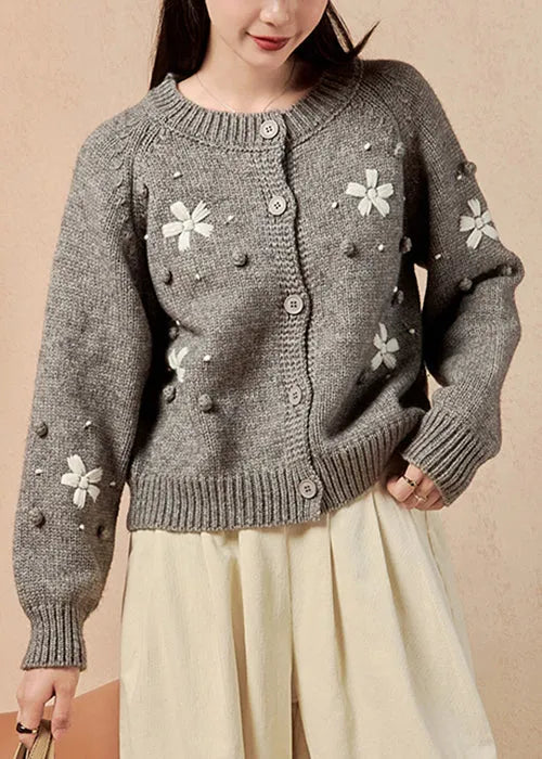 French Grey O Neck Button Knit Cardigan Winter