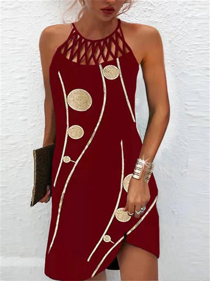 A Line Dress Knee Length Dress Leopard Black Blue Wine Dark Blue Sleeveless Print Print Summer Halter Neck