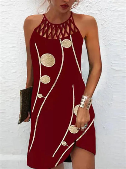 A Line Dress Knee Length Dress Leopard Black Blue Wine Dark Blue Sleeveless Print Print Summer Halter Neck