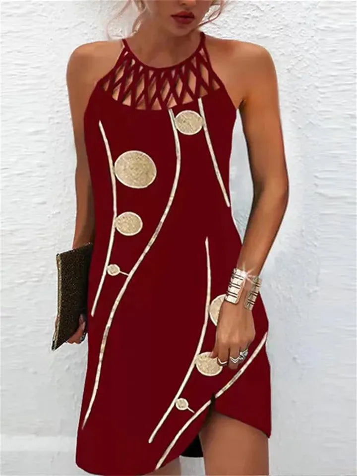 A Line Dress Knee Length Dress Leopard Black Blue Wine Dark Blue Sleeveless Print Print Summer Halter Neck